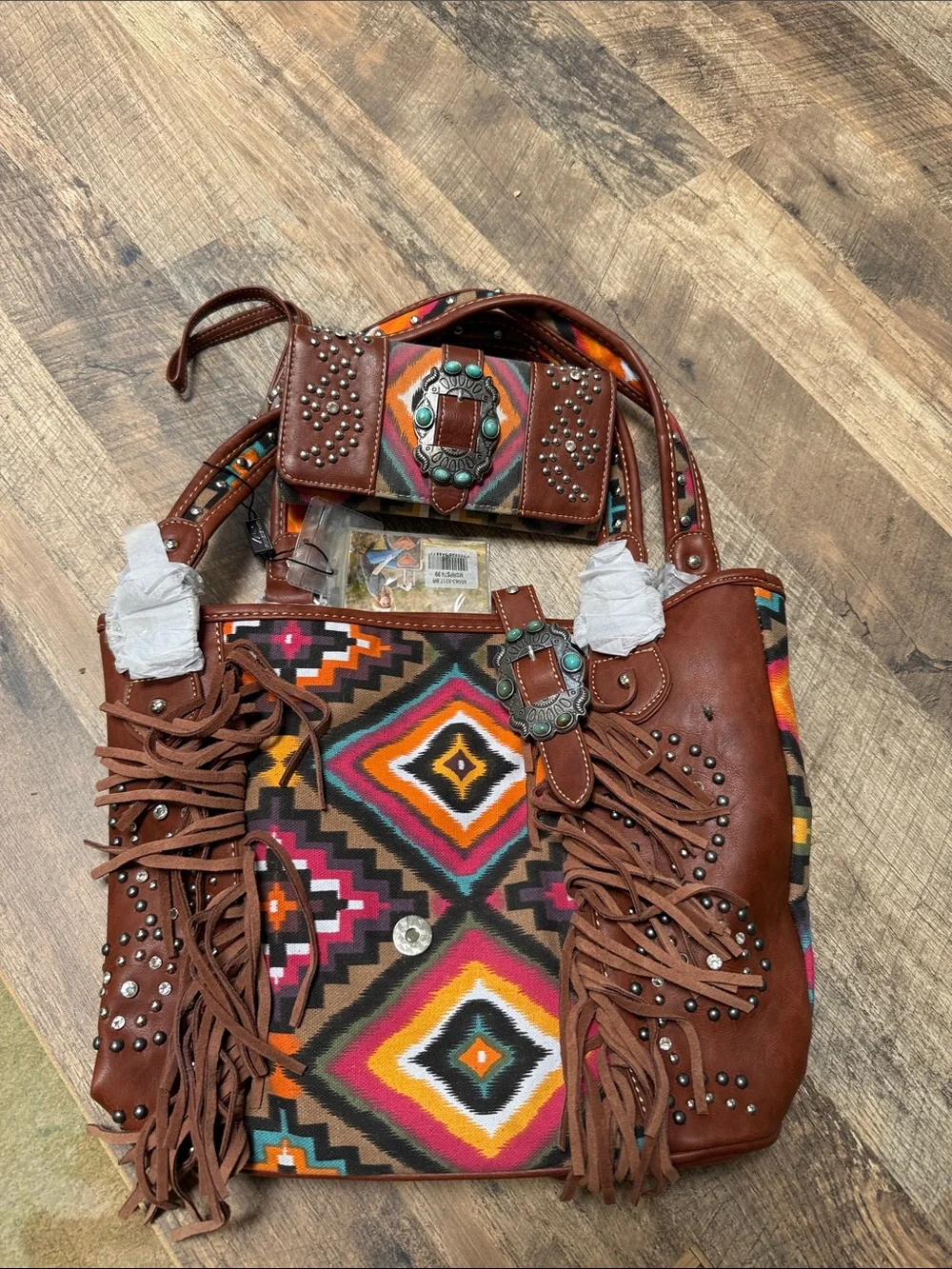 Montana West Brown Fringe Tote with Multicolor Aztec Pattern